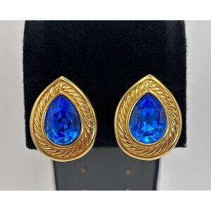 Swarovski Vintage Gold Tone Blue Crystal Teardrop Clip On Earrings Swan Stamped